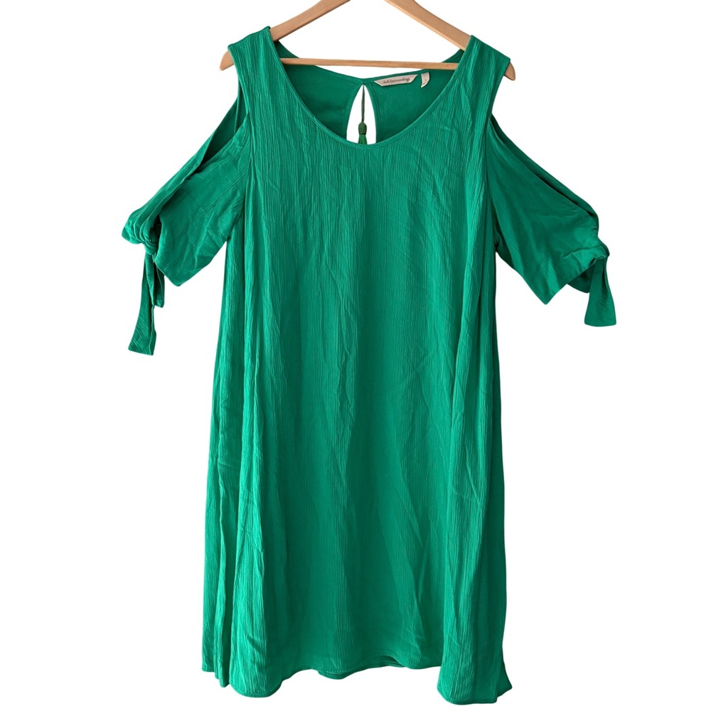 Soft Surroundings Green Crinkle Gauze Cold Shoulder Tassel Shift Dress Large/xl